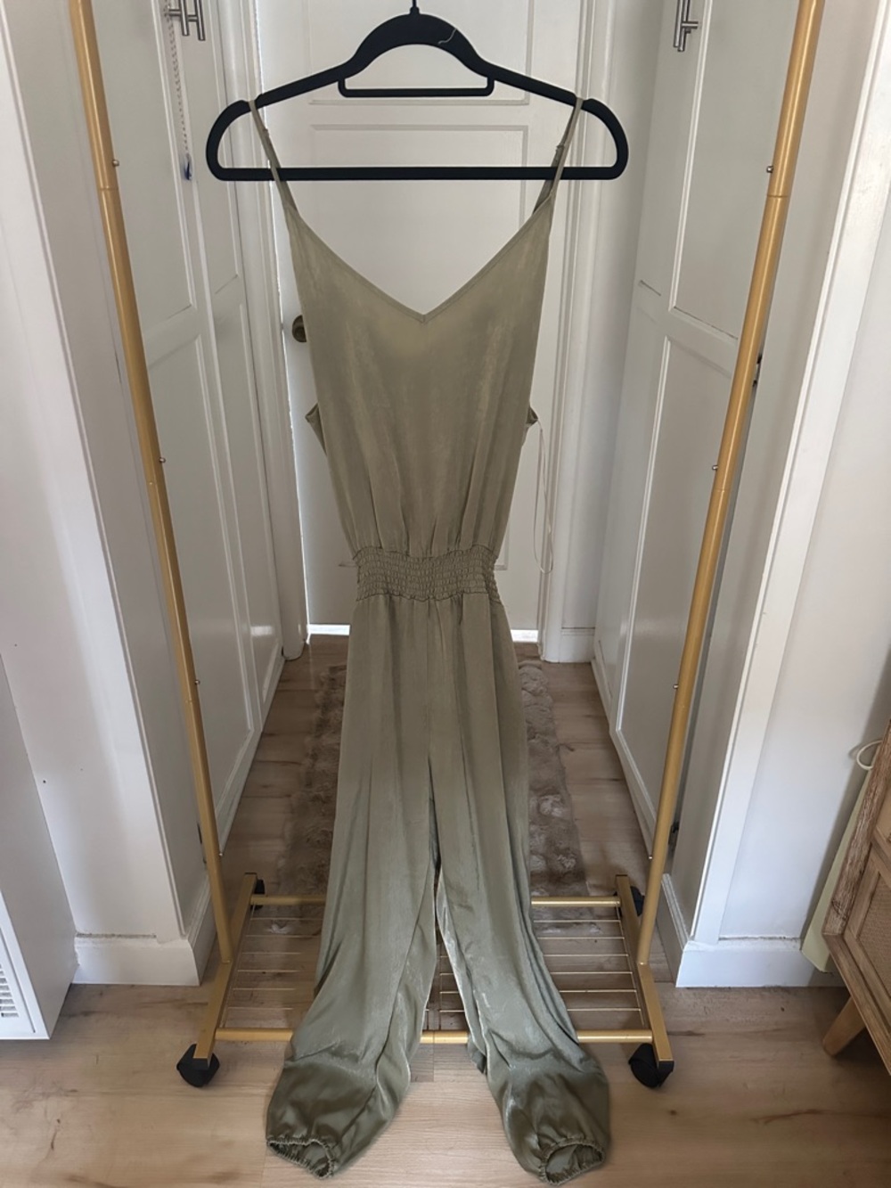 Light Olive Green V-Neck Jumpsuit with Smocked Waist